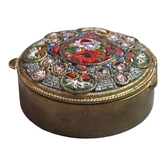 FAP Antique Rare Fabbrica Angelo Pessar Micro Mosaic Glas Trinket Pill Box Brass - Picture 3 of 8
